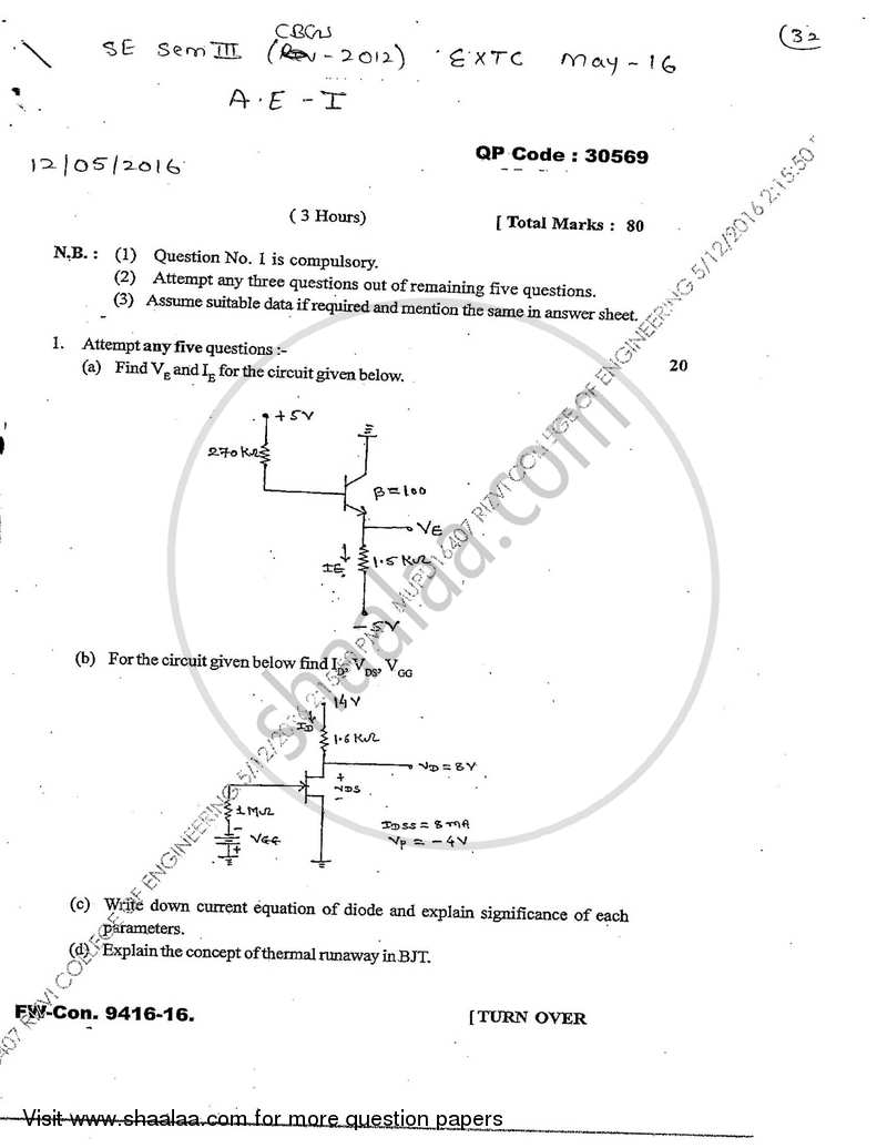 Analog Electronics 1 2015-2016 - B.E. - Semester 3 (SE Second Year) - University of Mumbai question paper with PDF download