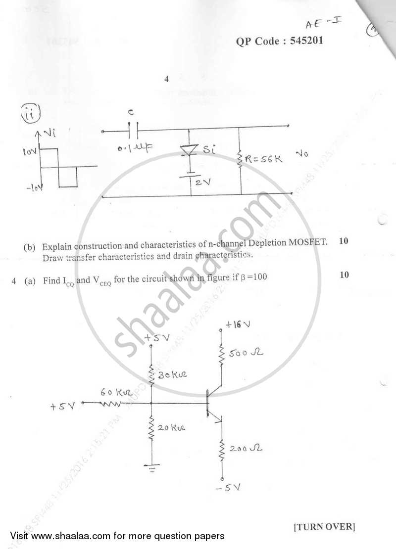 Analog Electronics 1 2016-2017 - B.E. - Semester 3 (SE Second Year) - University of Mumbai question paper with PDF download
