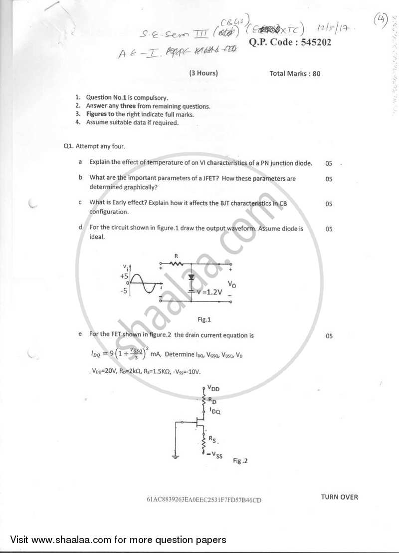 Analog Electronics 1 2016-2017 - B.E. - Semester 3 (SE Second Year) - University of Mumbai question paper with PDF download