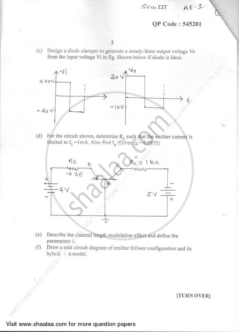 Analog Electronics 1 2016-2017 - B.E. - Semester 3 (SE Second Year) - University of Mumbai question paper with PDF download