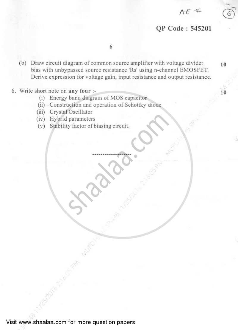 Analog Electronics 1 2016-2017 - B.E. - Semester 3 (SE Second Year) - University of Mumbai question paper with PDF download