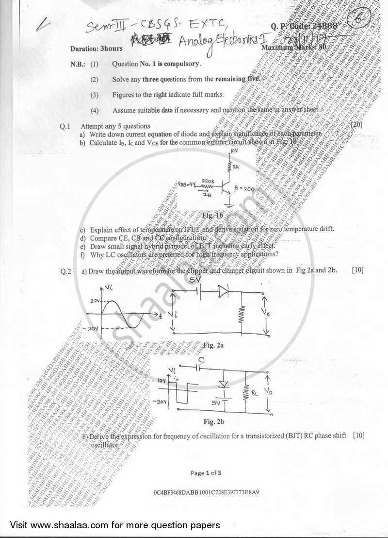Analog Electronics 1 2017-2018 - B.E. - Semester 3 (SE Second Year) - University of Mumbai question paper with PDF download