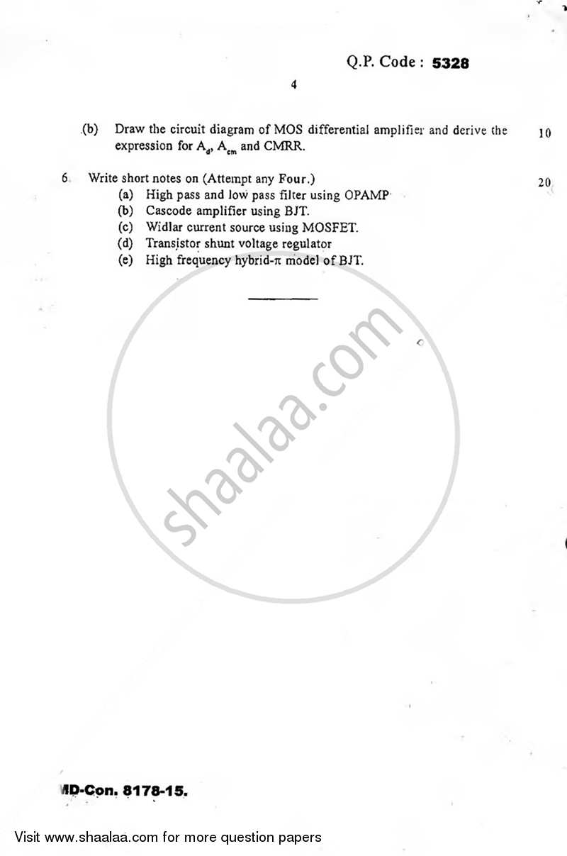 Analog Electronics -2 2015-2016 - B.E. - Semester 4 (SE Second Year) - University of Mumbai question paper with PDF download