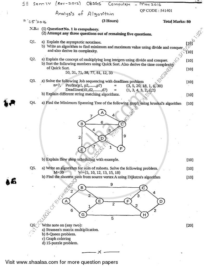 Analysis of Algorithm 2016-2017 - B.E. - Semester 4 (SE Second Year) - University of Mumbai question paper with PDF download
