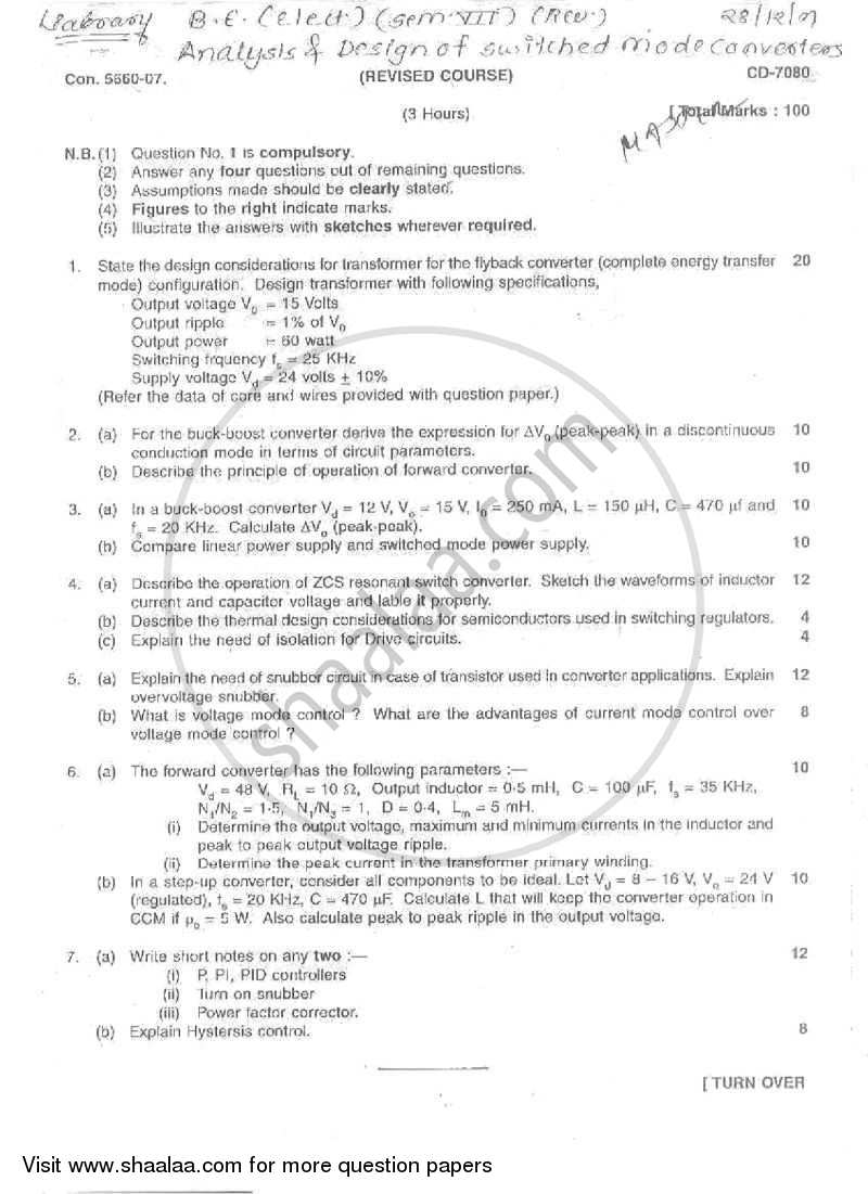 Analysis and Design of Power Switching Converters 2007-2008 - B.E. - Semester 7 (BE Fourth Year) - University of Mumbai question paper with PDF download