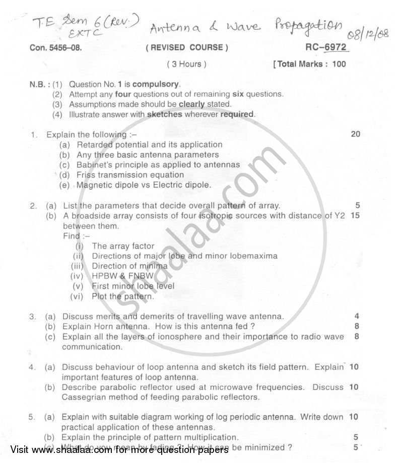 Antenna and Wave Propagation 2008-2009 - B.E. - Semester 6 (TE Third Year) - University of Mumbai question paper with PDF download