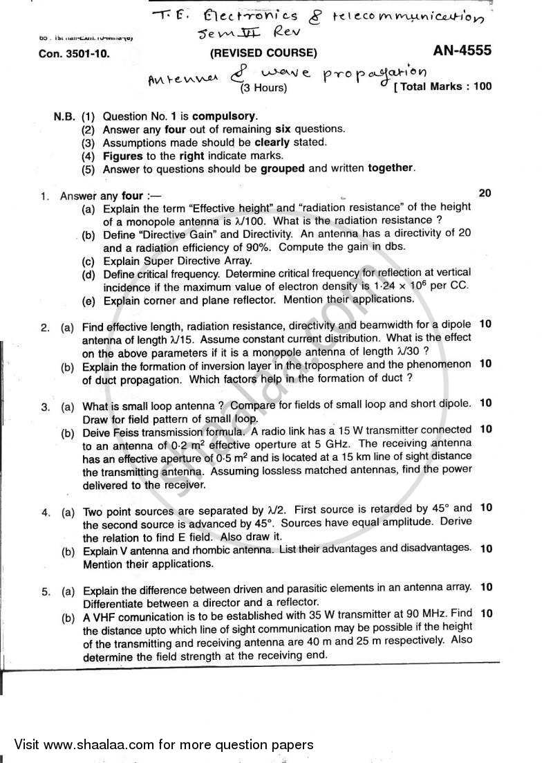Antenna and Wave Propagation 2009-2010 - B.E. - Semester 6 (TE Third Year) - University of Mumbai question paper with PDF download