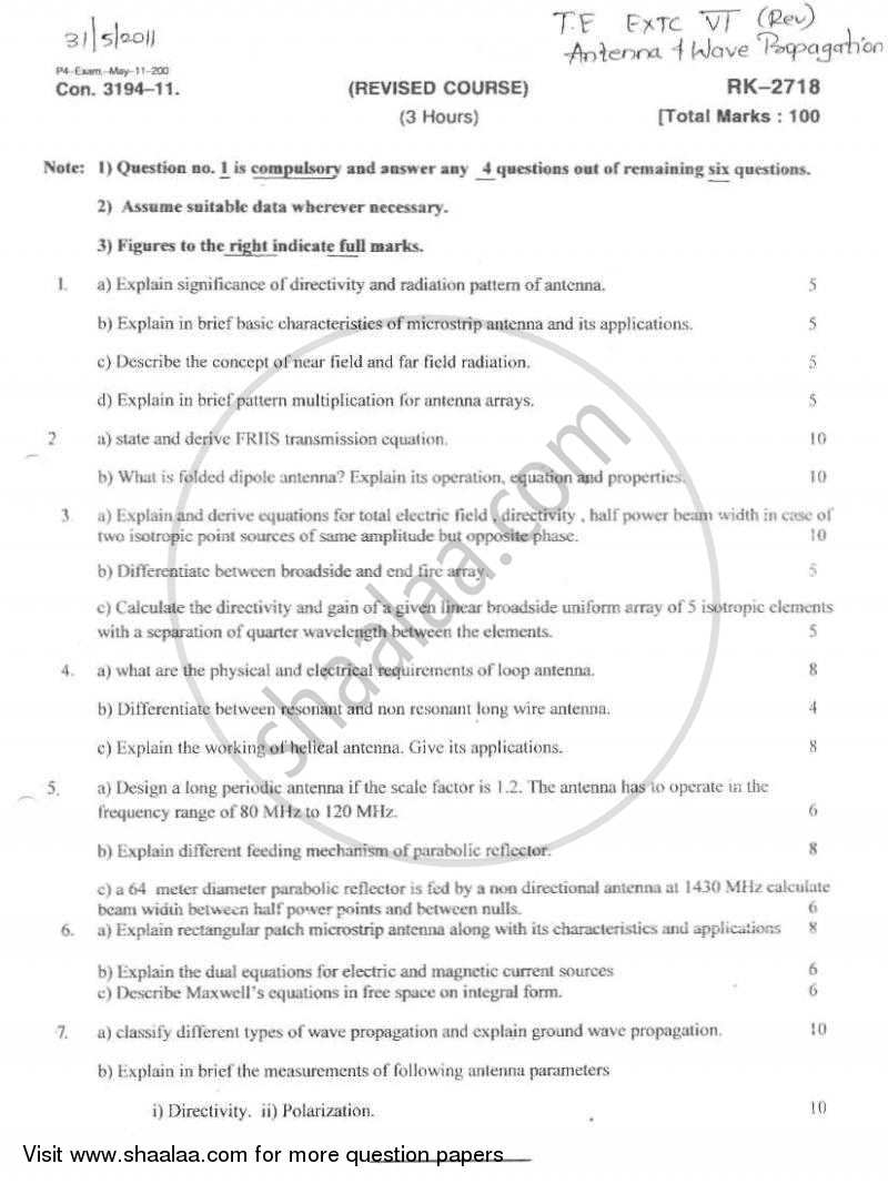 Antenna and Wave Propagation 2010-2011 - B.E. - Semester 6 (TE Third Year) - University of Mumbai question paper with PDF download