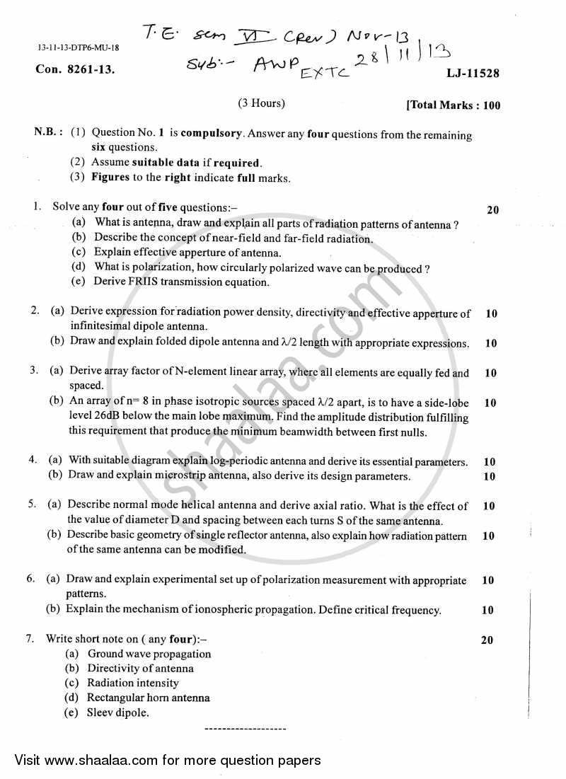Antenna and Wave Propagation 2013-2014 - B.E. - Semester 6 (TE Third Year) - University of Mumbai question paper with PDF download