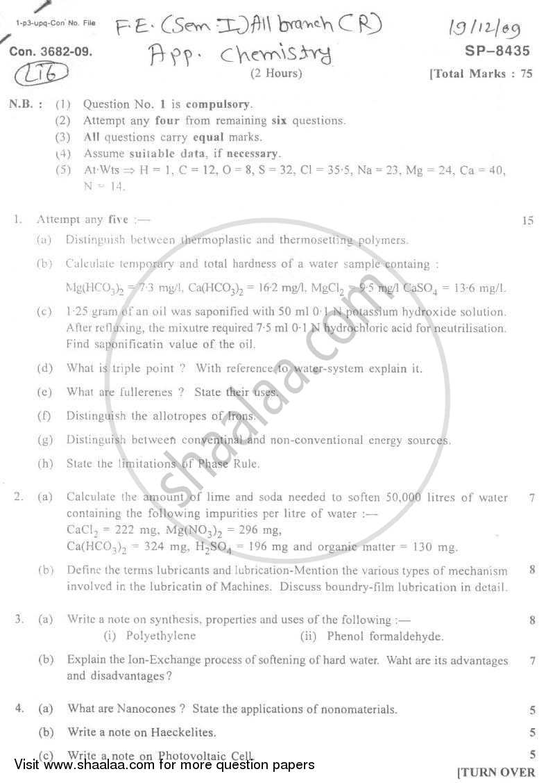Applied Chemistry 1 2009-2010 - B.E. - Semester 1 (FE First Year) - University of Mumbai question paper with PDF download