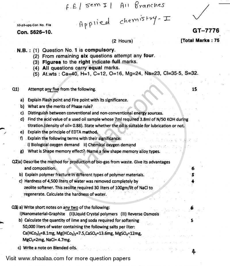 Applied Chemistry 1 2010-2011 - B.E. - Semester 1 (FE First Year) - University of Mumbai question paper with PDF download