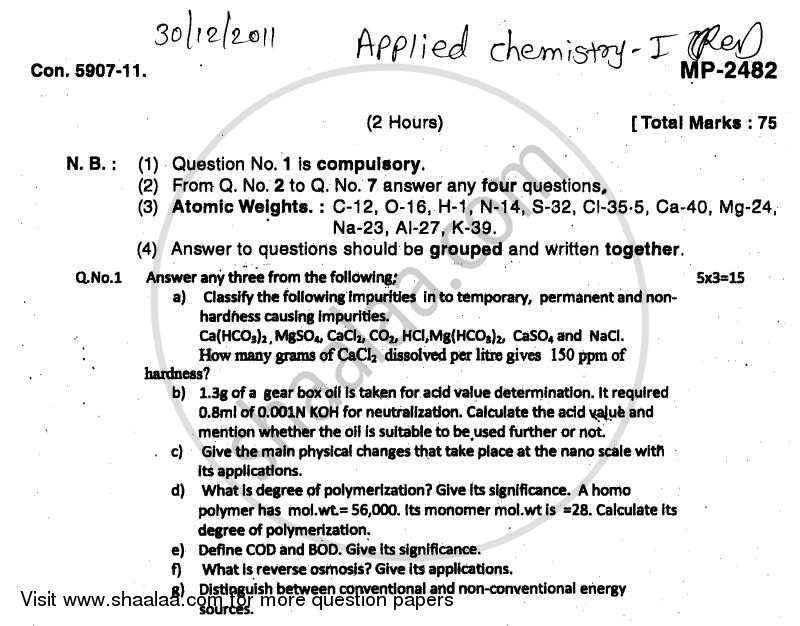 Applied Chemistry 1 2011-2012 - B.E. - Semester 1 (FE First Year) - University of Mumbai question paper with PDF download