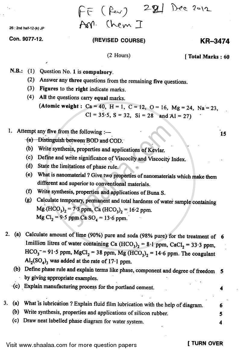 Applied Chemistry 1 2012-2013 - B.E. - Semester 1 (FE First Year) - University of Mumbai question paper with PDF download