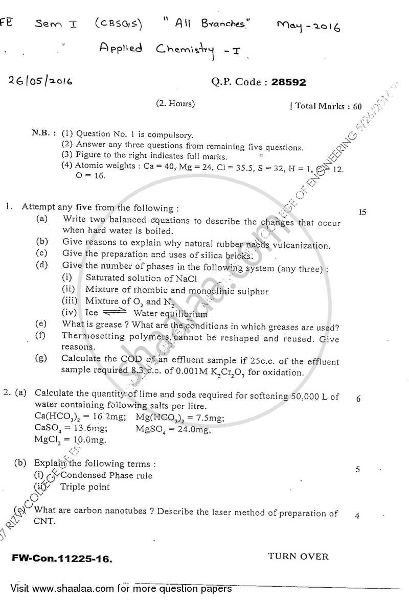 Applied Chemistry 1 2015-2016 - B.E. - Semester 1 (FE First Year) - University of Mumbai question paper with PDF download