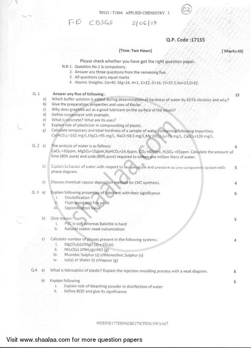 Applied Chemistry 1 2016-2017 - B.E. - Semester 1 (FE First Year) - University of Mumbai question paper with PDF download