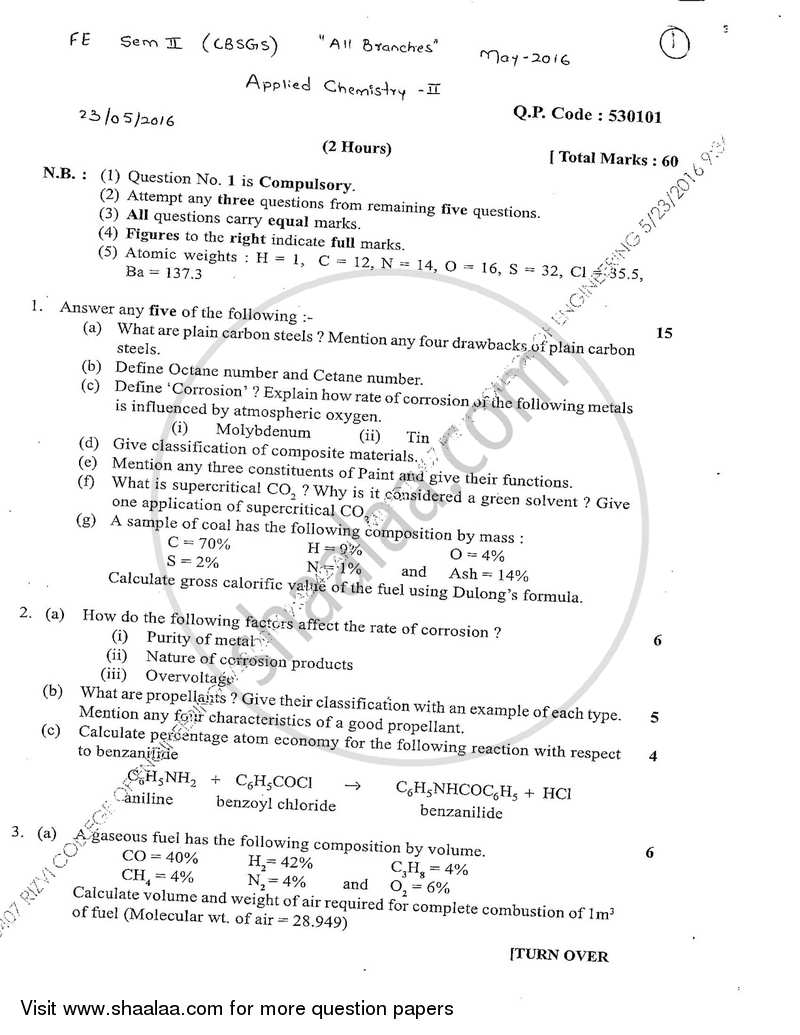 Applied Chemistry 2 2015-2016 - B.E. - Semester 2 (FE First Year) - University of Mumbai question paper with PDF download