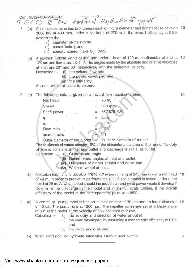 Applied Hydraulics 1 2007-2008 - B.E. - Semester 5 (TE Third Year) - University of Mumbai question paper with PDF download