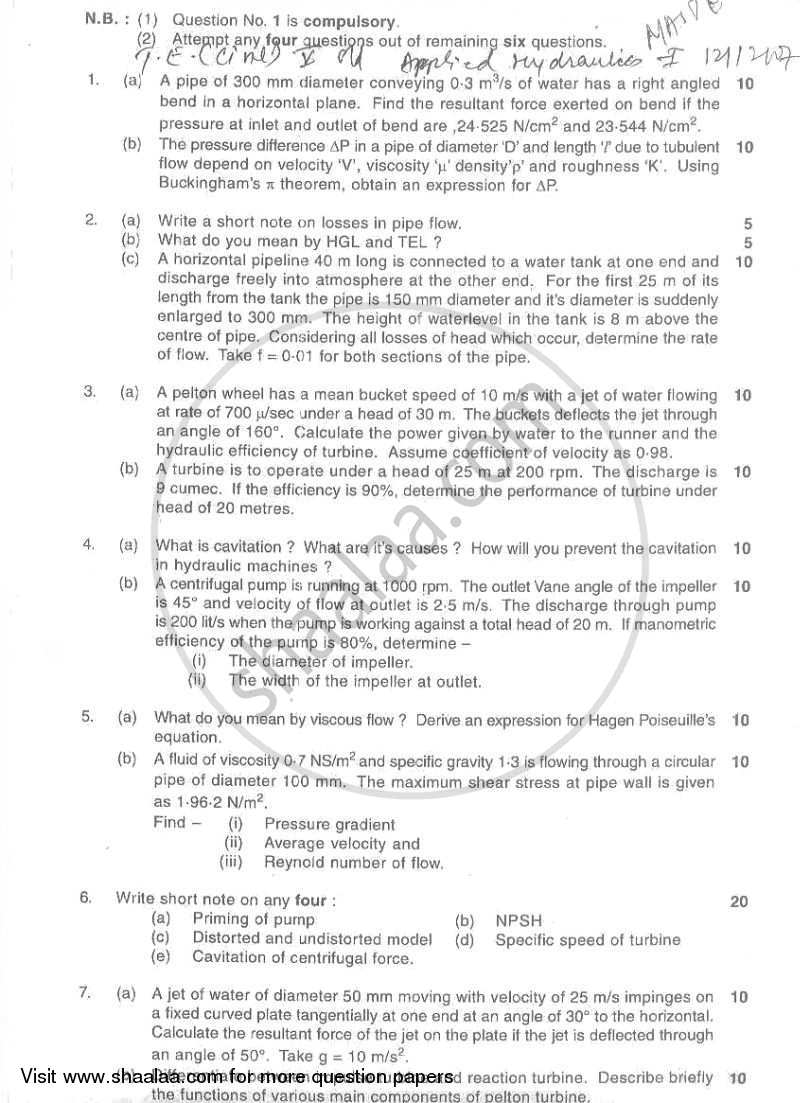 Applied Hydraulics 1 2007-2008 - B.E. - Semester 5 (TE Third Year) - University of Mumbai question paper with PDF download