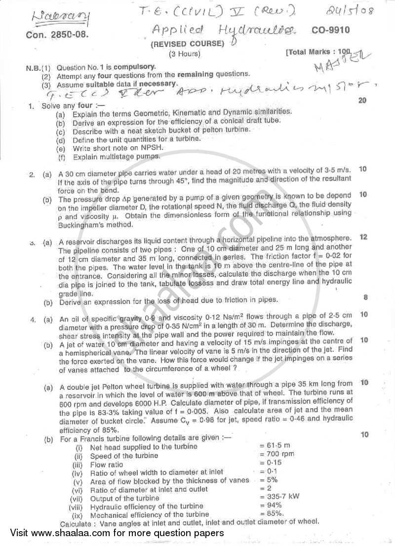 Applied Hydraulics 1 2007-2008 - B.E. - Semester 5 (TE Third Year) - University of Mumbai question paper with PDF download
