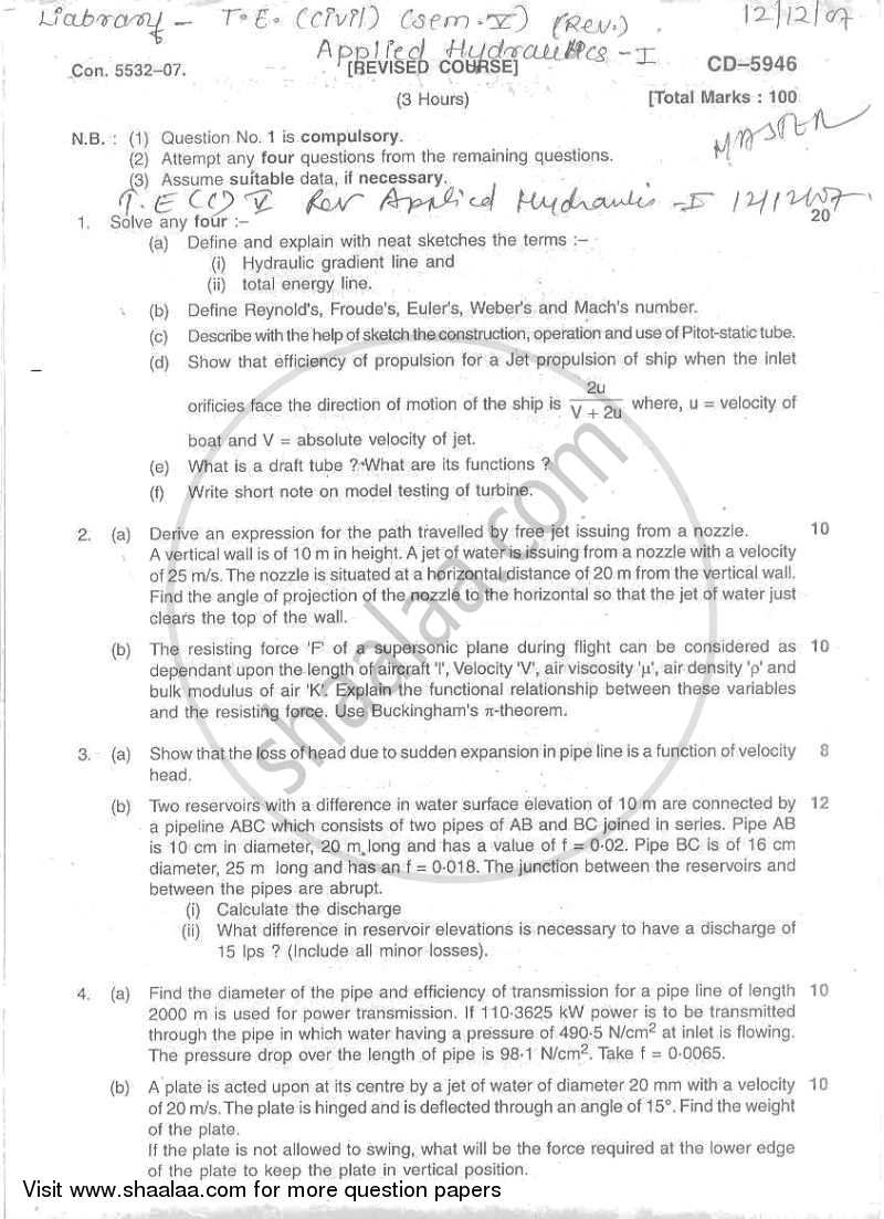 Applied Hydraulics 1 2007-2008 - B.E. - Semester 5 (TE Third Year) - University of Mumbai question paper with PDF download