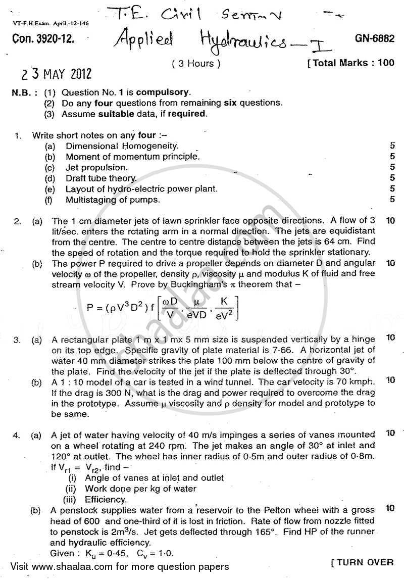 Applied Hydraulics 1 2011-2012 - B.E. - Semester 5 (TE Third Year) - University of Mumbai question paper with PDF download