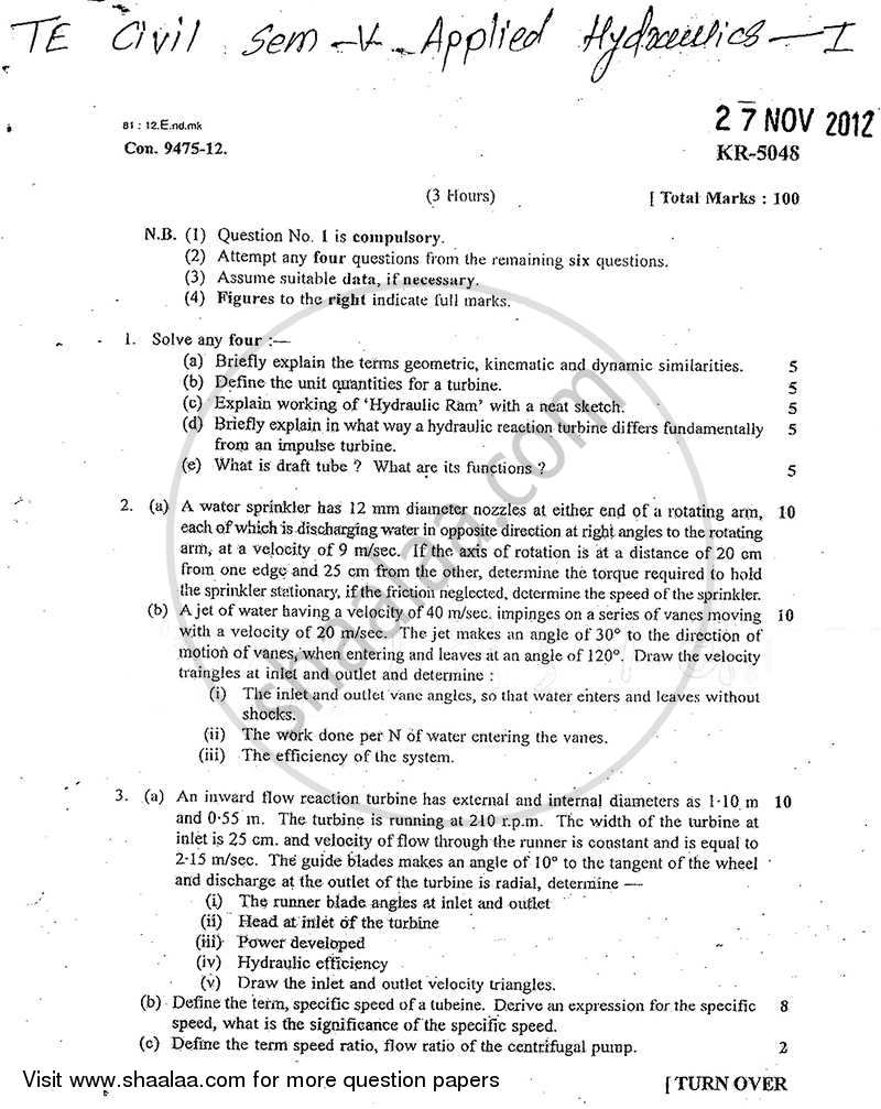 Applied Hydraulics 1 2012-2013 - B.E. - Semester 5 (TE Third Year) - University of Mumbai question paper with PDF download