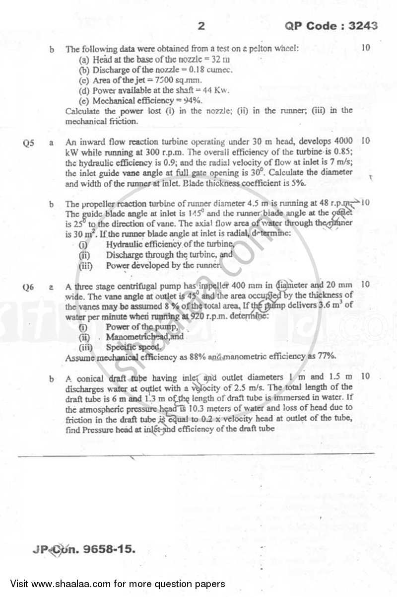 Applied Hydraulics 1 2014-2015 - B.E. - Semester 5 (TE Third Year) - University of Mumbai question paper with PDF download