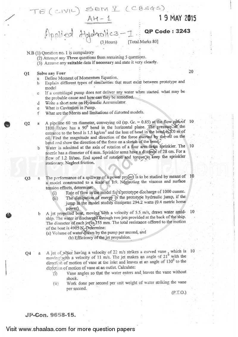 Applied Hydraulics 1 2014-2015 - B.E. - Semester 5 (TE Third Year) - University of Mumbai question paper with PDF download