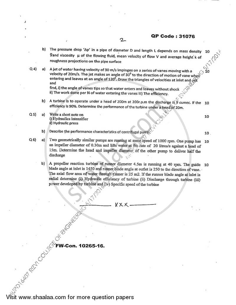 Applied Hydraulics 1 2015-2016 - B.E. - Semester 5 (TE Third Year) - University of Mumbai question paper with PDF download