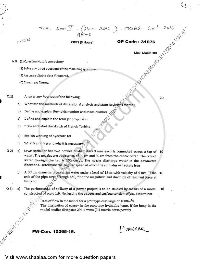 Applied Hydraulics 1 2015-2016 - B.E. - Semester 5 (TE Third Year) - University of Mumbai question paper with PDF download