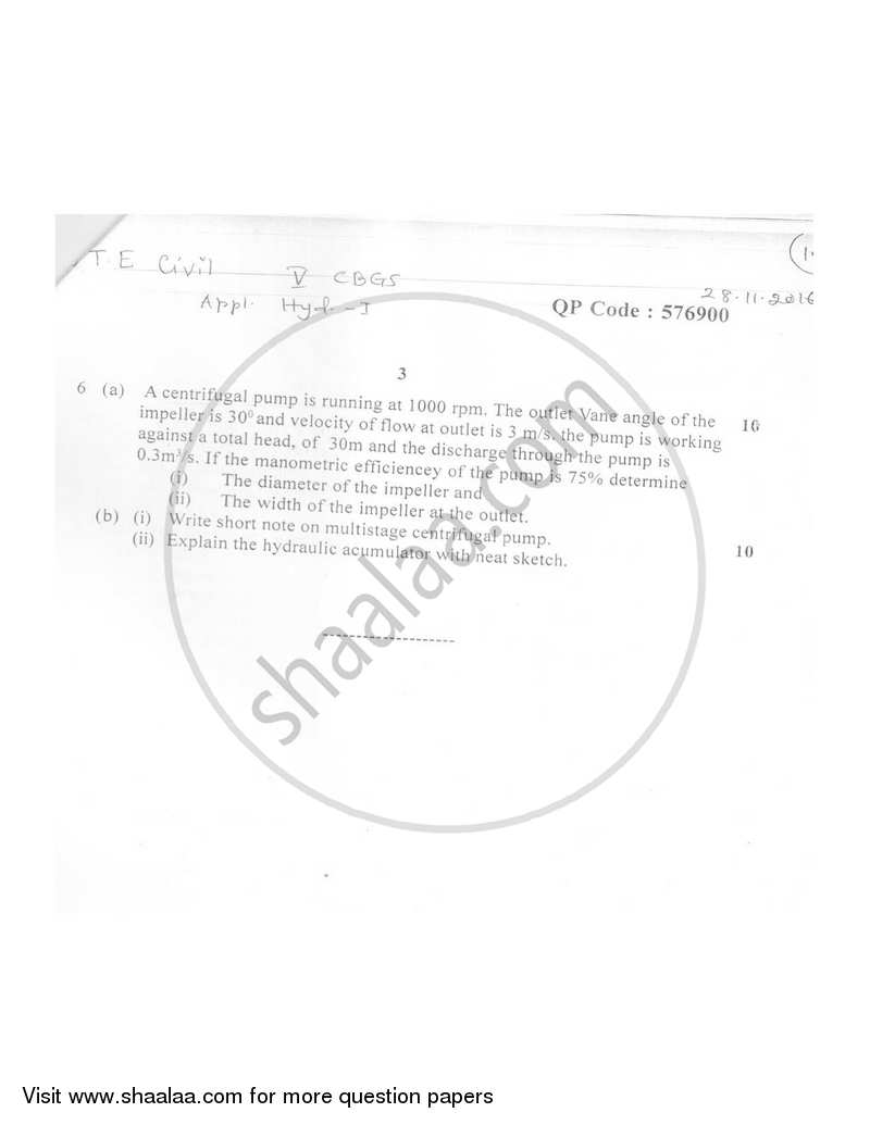 Applied Hydraulics 1 2016-2017 - B.E. - Semester 5 (TE Third Year) - University of Mumbai question paper with PDF download