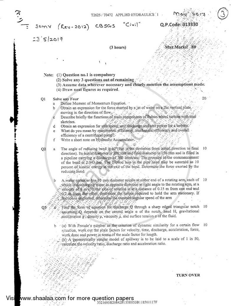 Applied Hydraulics 1 2016-2017 - B.E. - Semester 5 (TE Third Year) - University of Mumbai question paper with PDF download