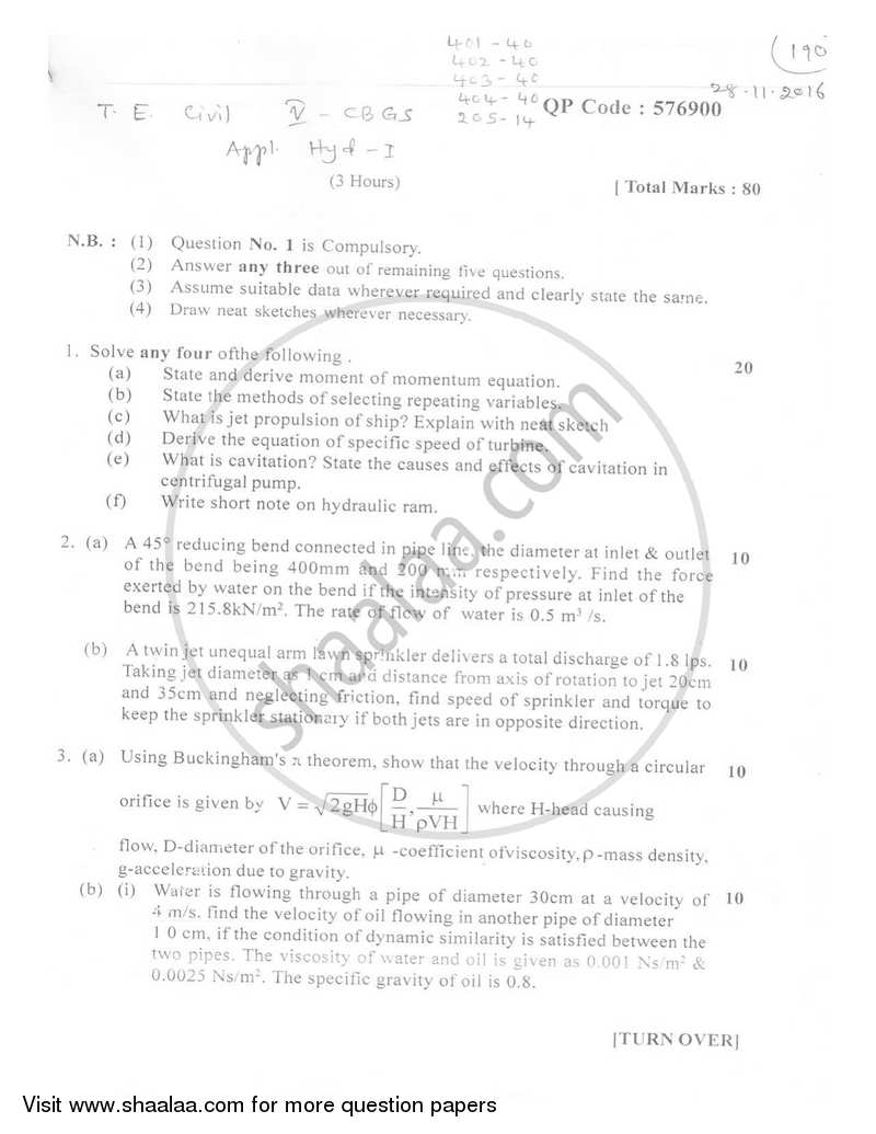 Applied Hydraulics 1 2016-2017 - B.E. - Semester 5 (TE Third Year) - University of Mumbai question paper with PDF download