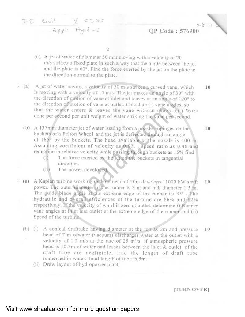 Applied Hydraulics 1 2016-2017 - B.E. - Semester 5 (TE Third Year) - University of Mumbai question paper with PDF download