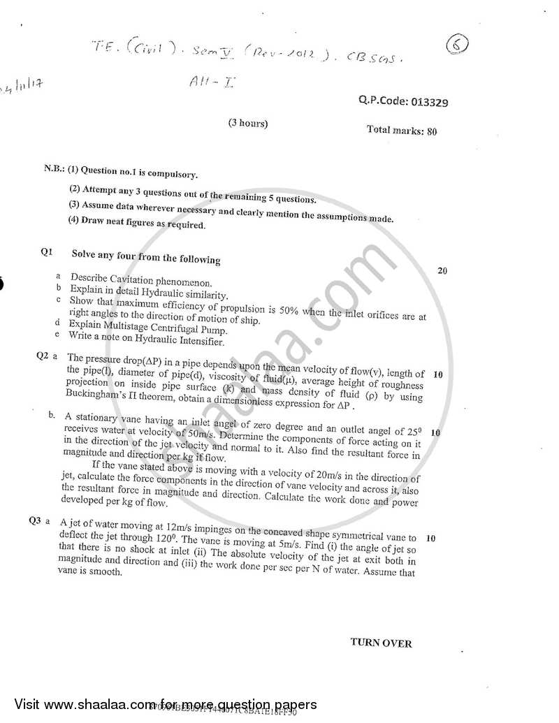 Applied Hydraulics 1 2017-2018 - B.E. - Semester 5 (TE Third Year) - University of Mumbai question paper with PDF download