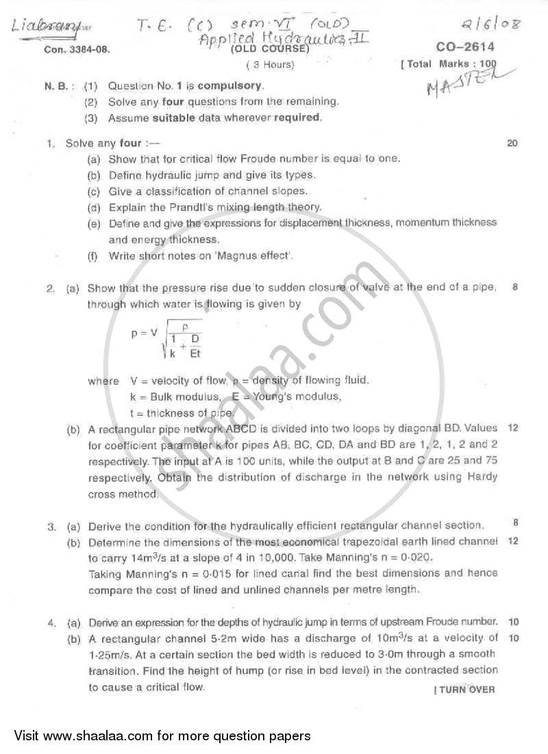Applied Hydraulics 2 2007-2008 - B.E. - Semester 6 (TE Third Year) - University of Mumbai question paper with PDF download