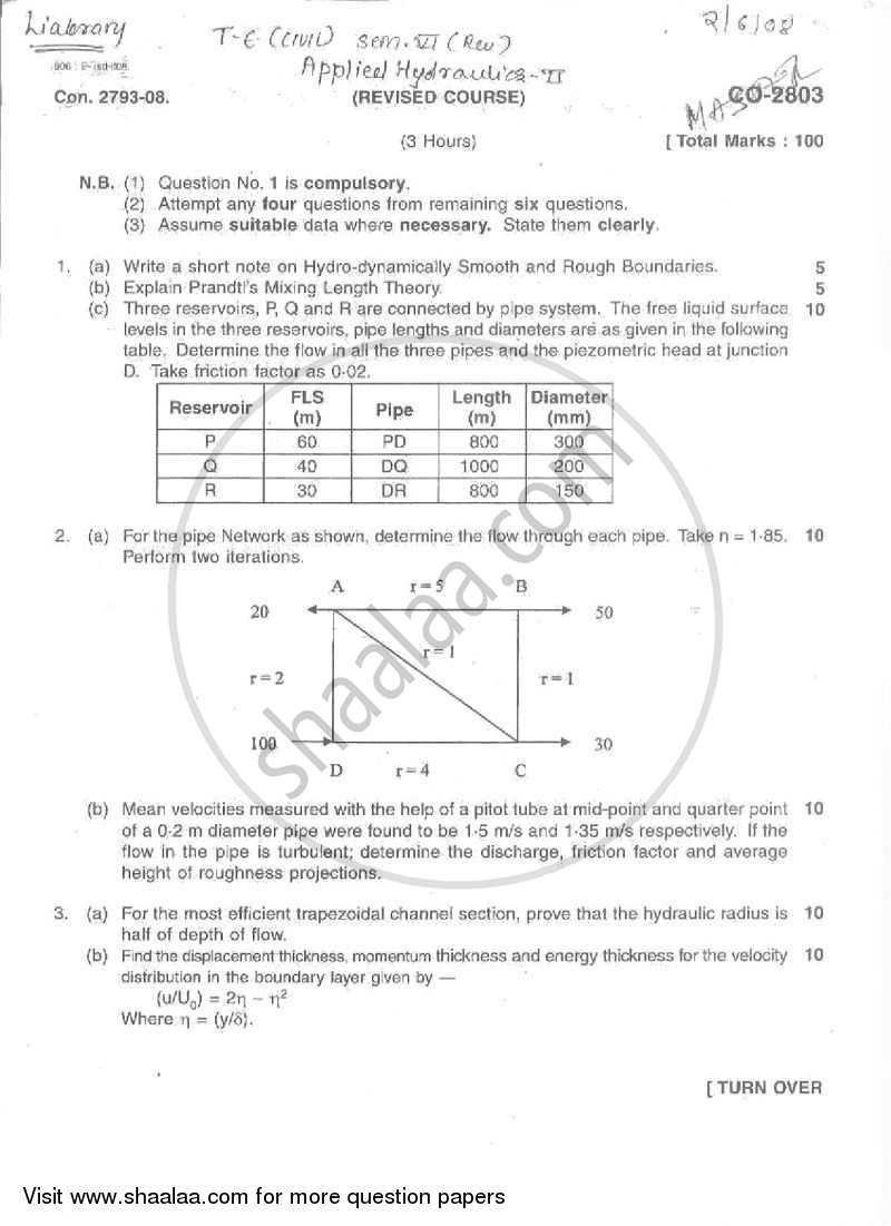 Applied Hydraulics 2 2007-2008 - B.E. - Semester 6 (TE Third Year) - University of Mumbai question paper with PDF download