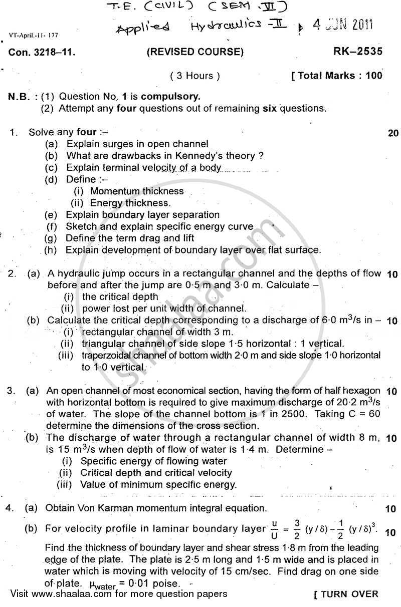 Applied Hydraulics 2 2010-2011 - B.E. - Semester 6 (TE Third Year) - University of Mumbai question paper with PDF download