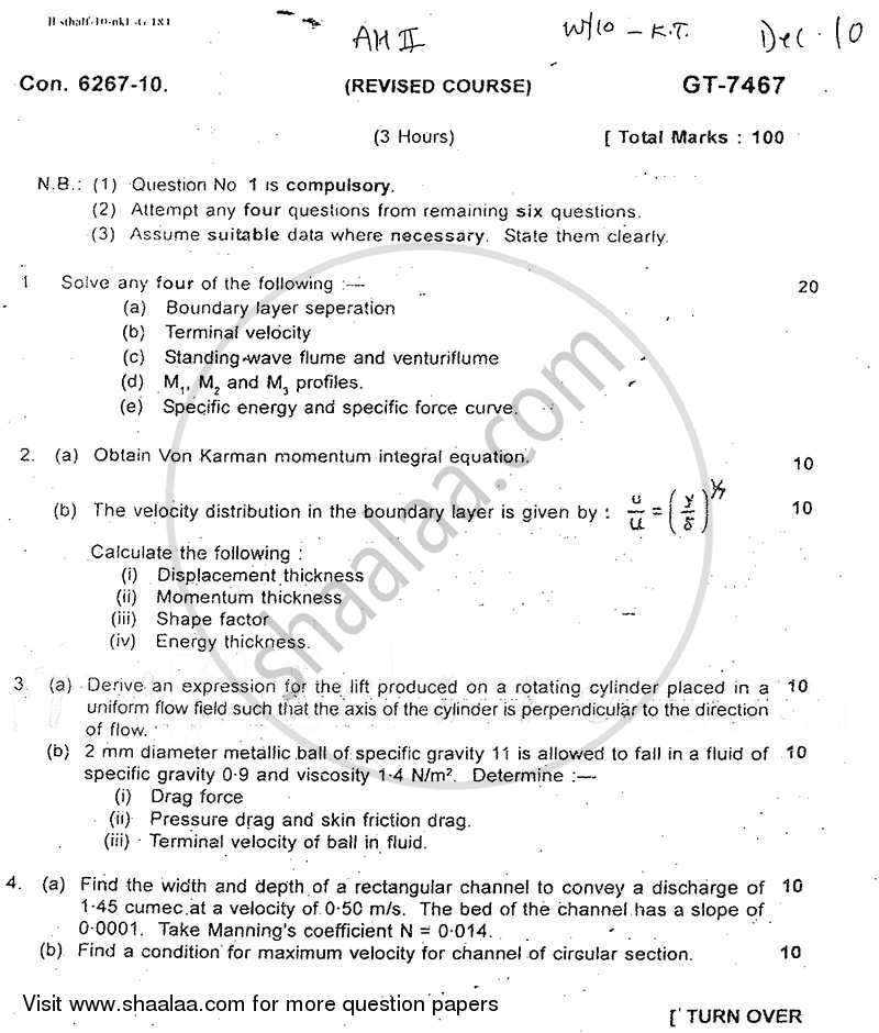 Applied Hydraulics 2 2010-2011 - B.E. - Semester 6 (TE Third Year) - University of Mumbai question paper with PDF download