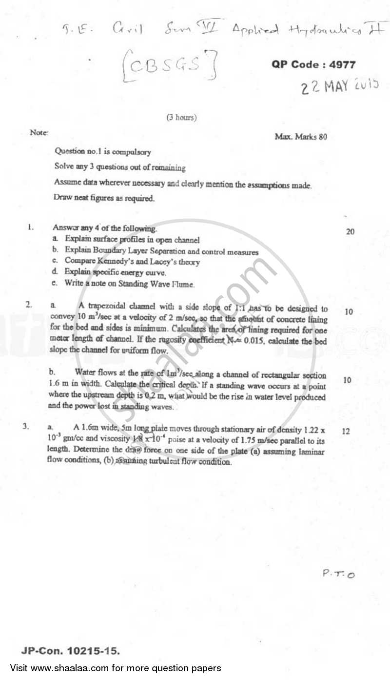 Applied Hydraulics 2 2014-2015 - B.E. - Semester 6 (TE Third Year) - University of Mumbai question paper with PDF download