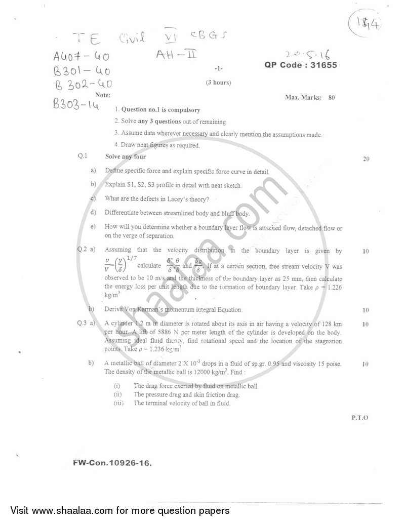 Applied Hydraulics 2 2015-2016 - B.E. - Semester 6 (TE Third Year) - University of Mumbai question paper with PDF download