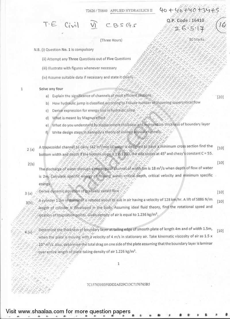 Applied Hydraulics 2 2016-2017 - B.E. - Semester 6 (TE Third Year) - University of Mumbai question paper with PDF download