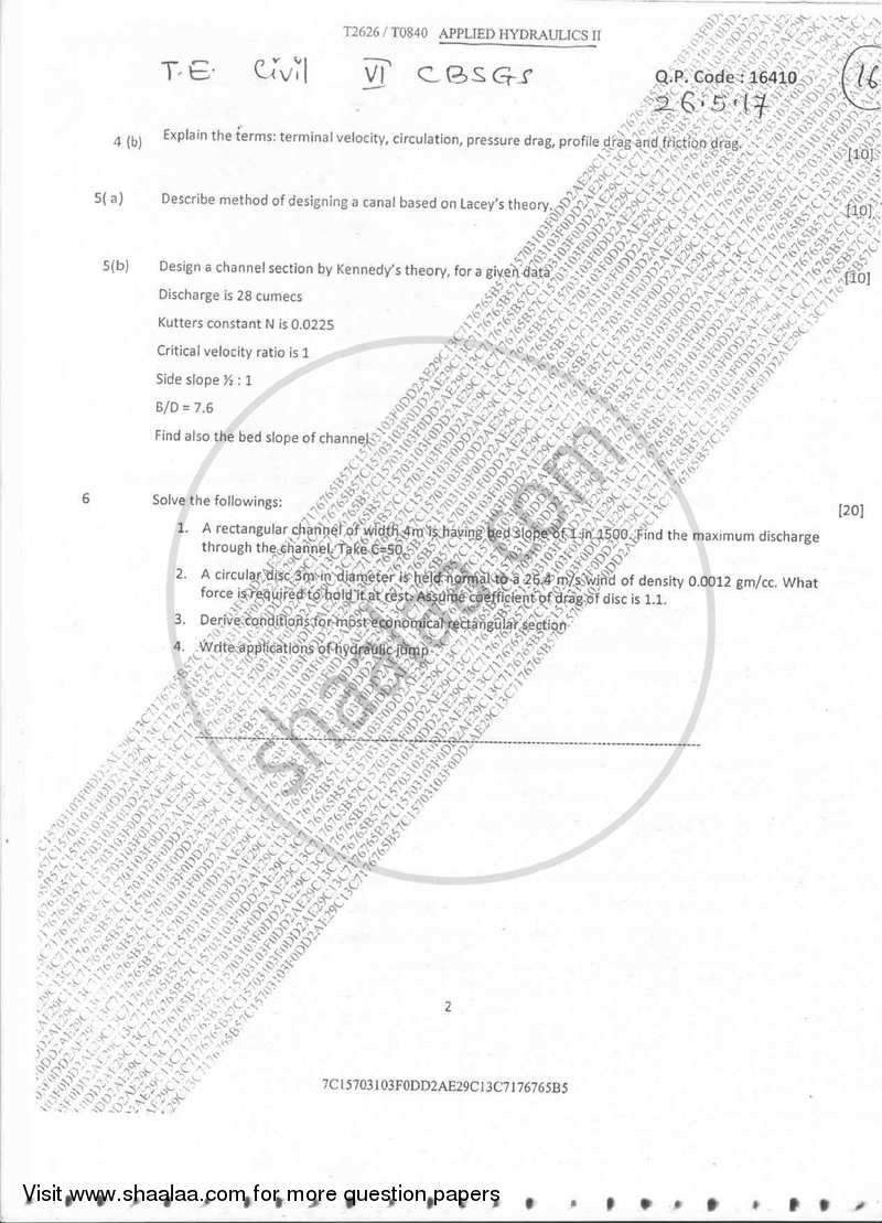 Applied Hydraulics 2 2016-2017 - B.E. - Semester 6 (TE Third Year) - University of Mumbai question paper with PDF download