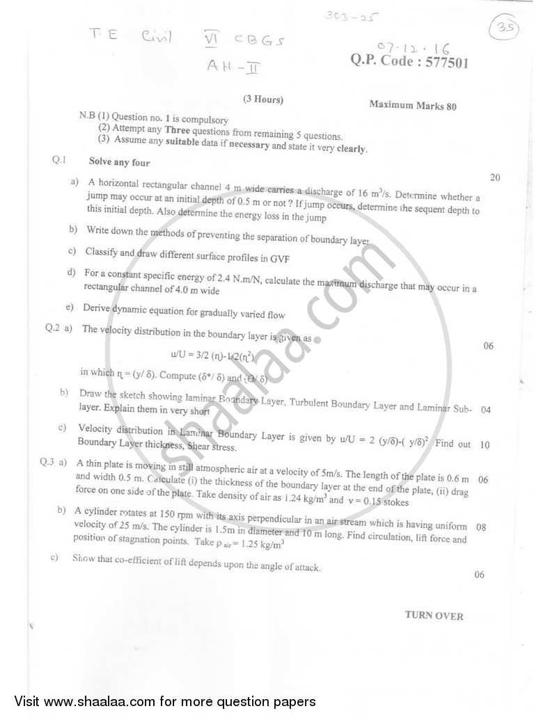 Applied Hydraulics 2 2016-2017 - B.E. - Semester 6 (TE Third Year) - University of Mumbai question paper with PDF download