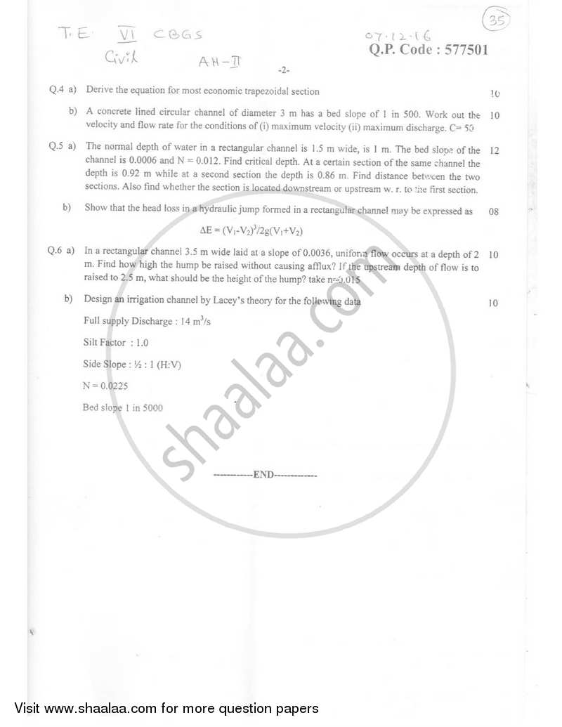 Applied Hydraulics 2 2016-2017 - B.E. - Semester 6 (TE Third Year) - University of Mumbai question paper with PDF download