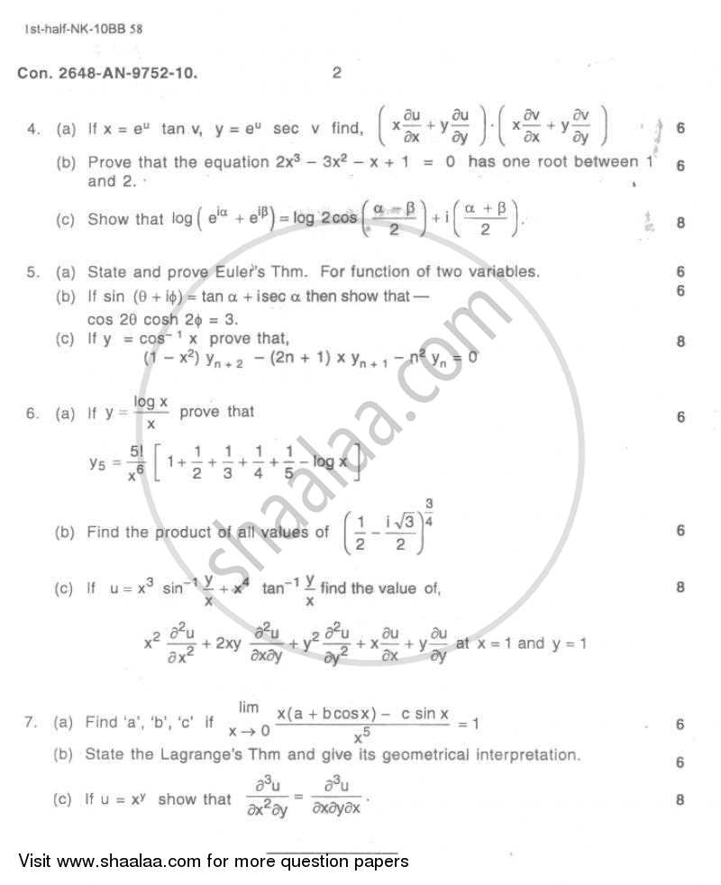 Applied Mathematics 1 2009-2010 - B.E. - Semester 1 (FE First Year) - University of Mumbai question paper with PDF download
