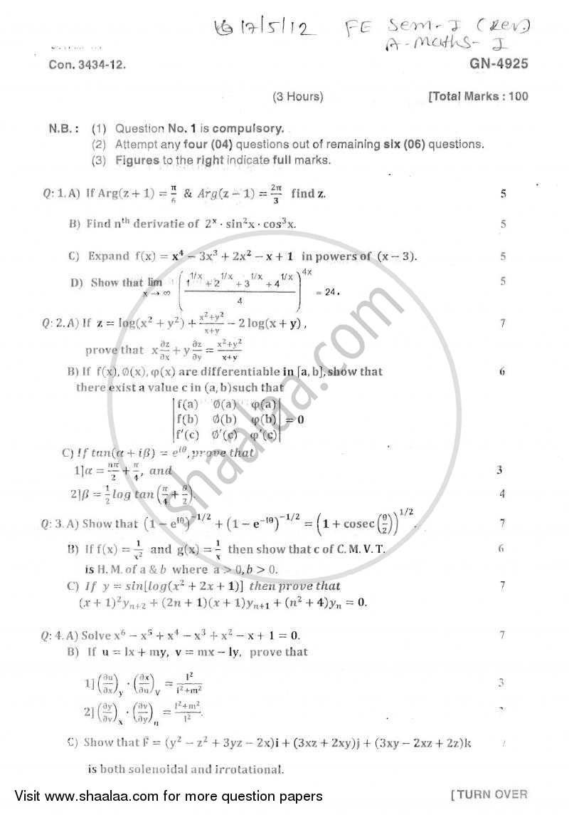 Applied Mathematics 1 2011-2012 - B.E. - Semester 1 (FE First Year) - University of Mumbai question paper with PDF download