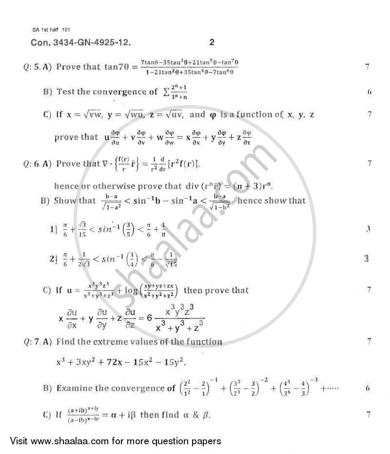 Applied Mathematics 1 2011-2012 - B.E. - Semester 1 (FE First Year) - University of Mumbai question paper with PDF download