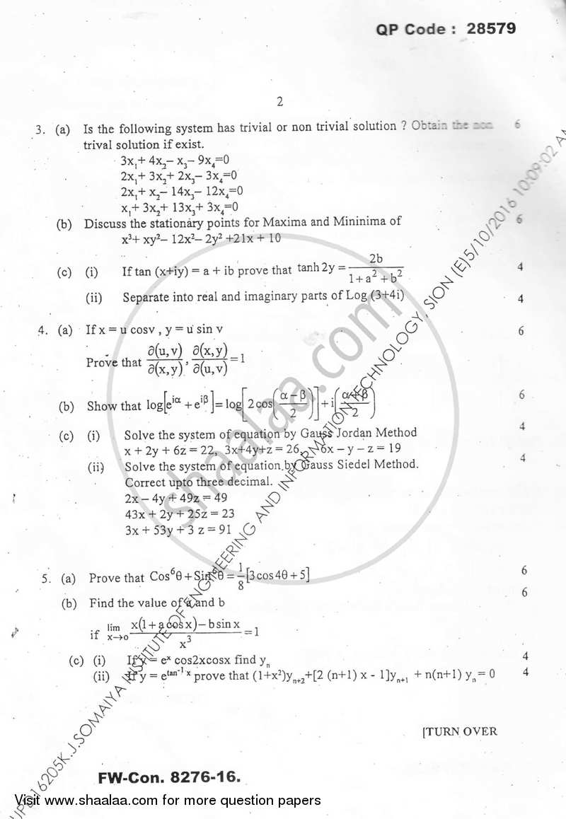 Applied Mathematics 1 2015-2016 - B.E. - Semester 1 (FE First Year) - University of Mumbai question paper with PDF download