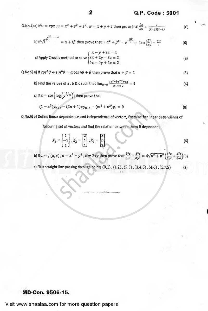 Applied Mathematics 1 2015-2016 - B.E. - Semester 1 (FE First Year) - University of Mumbai question paper with PDF download